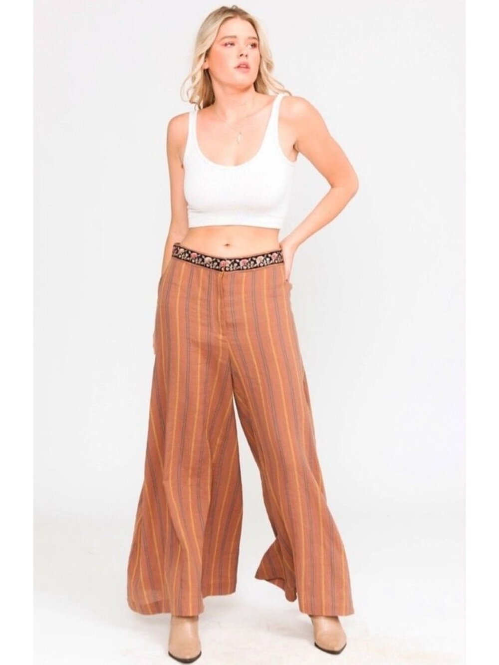 NWT Arrata Mariah Striped Pants Brown Cotton Wide Leg Size XL $175 [jb]
